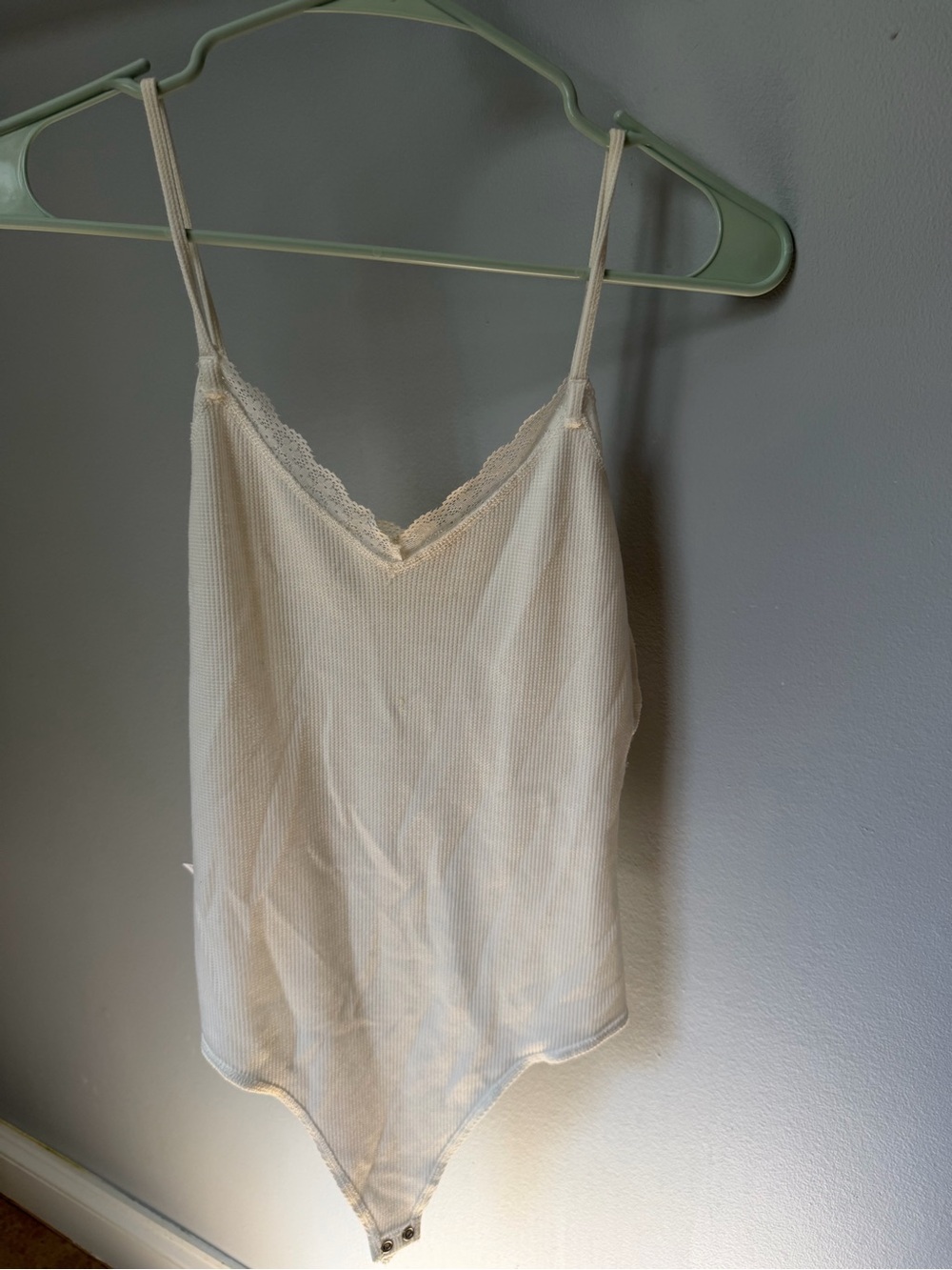 American Eagle Outfitters Cream Ribbed Lace-Trim Bodysuit